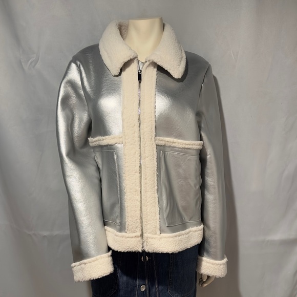 Jackets & Blazers - Silver Bomber Jacket Shearling Aviator Coat Steampunk Glam Rock Large